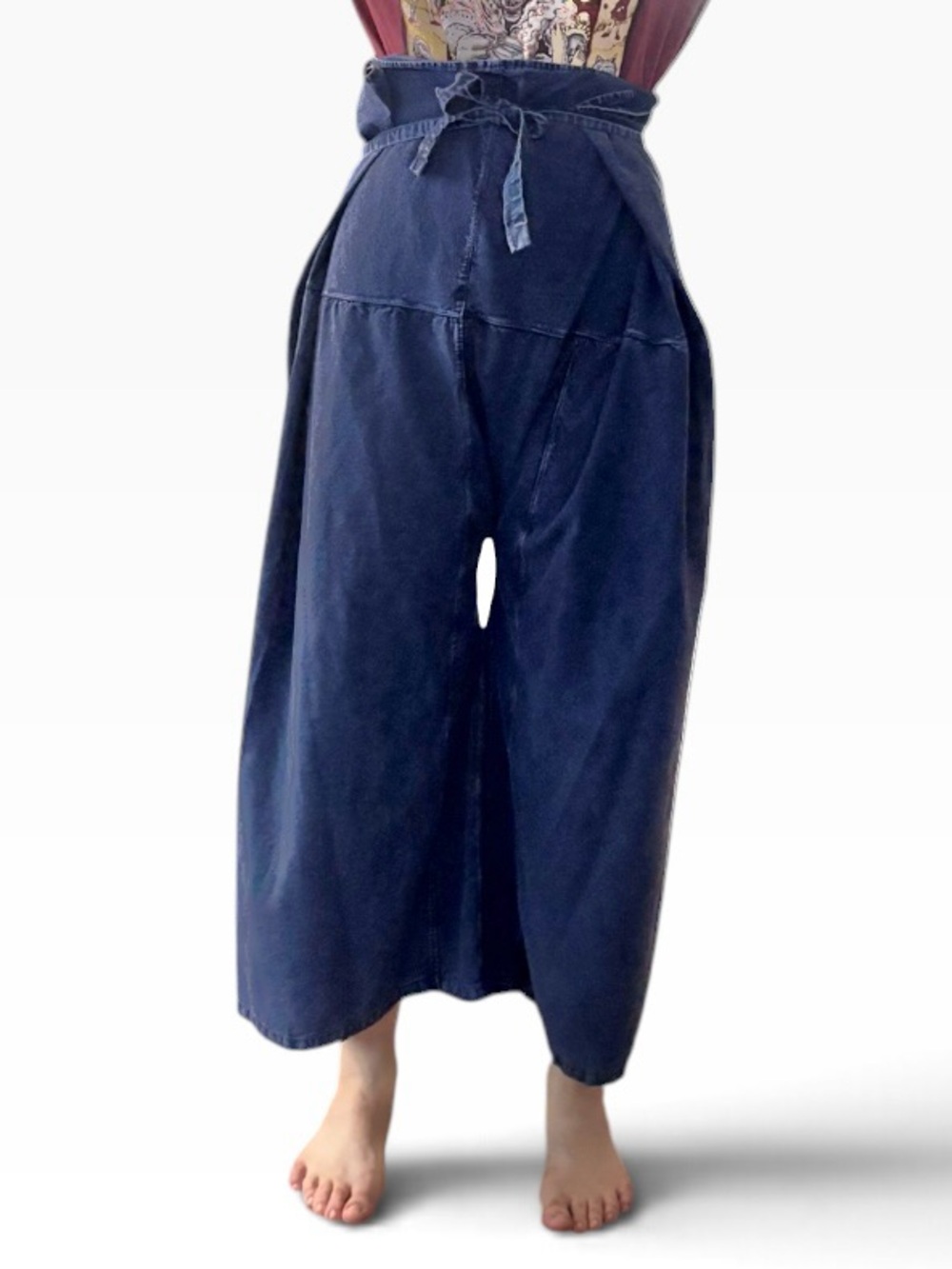 Vintage Thai Asian Fisherman Wrap Tie Waist Pant Cropped Wide Leg Jeans L XL 1X